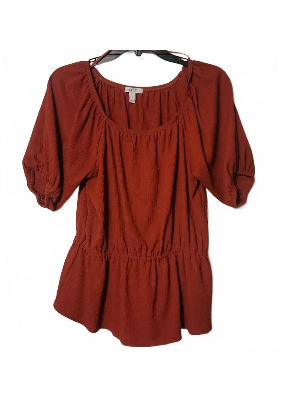 Nine West Sz M Dark Sienna Orange Peplum Blouson Top Blouse On Off Shoulder